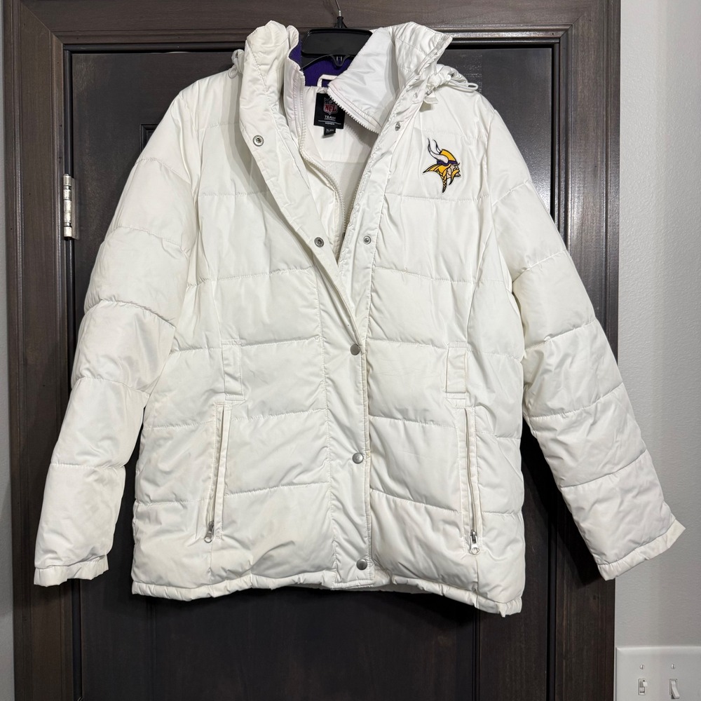 NFL Minnesota Vikings White Puffer Jacket Women XL Detachable Hood Full Zip